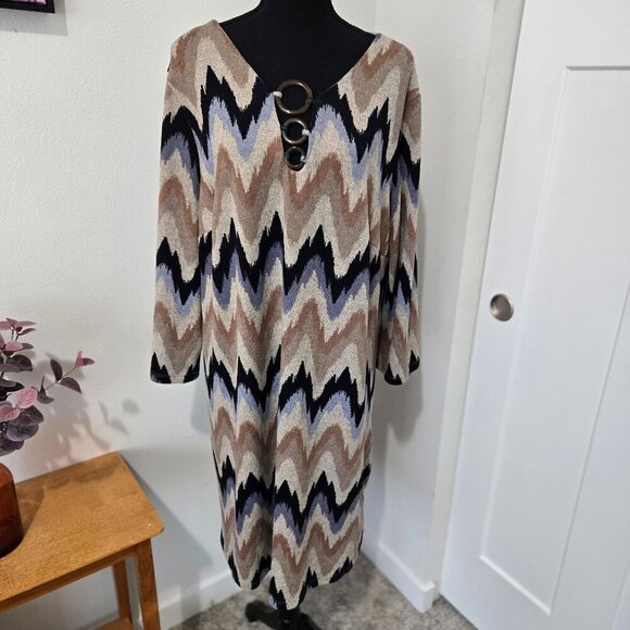 Tacera Chevron Print Tans Blue Black Knee Length Shift Dress - 2X - Picture 1 of 8